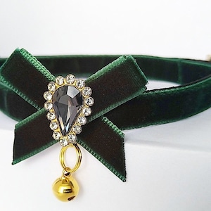 Dark Green Velvet Cat Collar: Crystal Bow, Bell, Breakaway Buckle