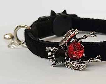 Witch cat collar/Red crystal Fly with black cat collar/Velvet Collar with silver Fly/Dog Cat collar with pet locket/Breakaway-Non-Breakaway