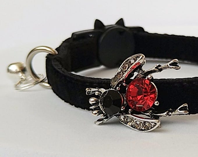 Witch cat collar/Red crystal Fly with black cat collar/Velvet Collar with silver Fly/Dog Cat collar with pet locket/Breakaway-Non-Breakaway