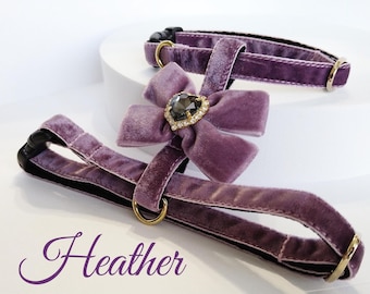 Heather cat set-cat harness with leash/Velvet harness with bow heart crystal/Harness with a leash-Ammunition cat or small dog