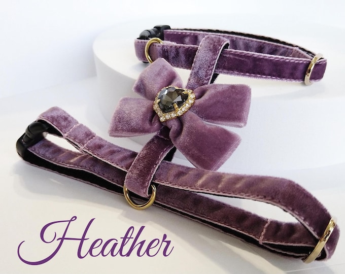 Heather cat set-cat harness with leash/Velvet harness with bow heart crystal/Harness with a leash-Ammunition cat or small dog