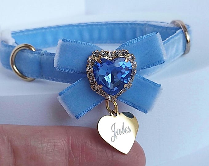 Id Tag- Cat collar/Velvet cat collar with Bow/Personalized Engraved Cat ID Tag/Several collar color options/Non-Breakaway or Breakaway.