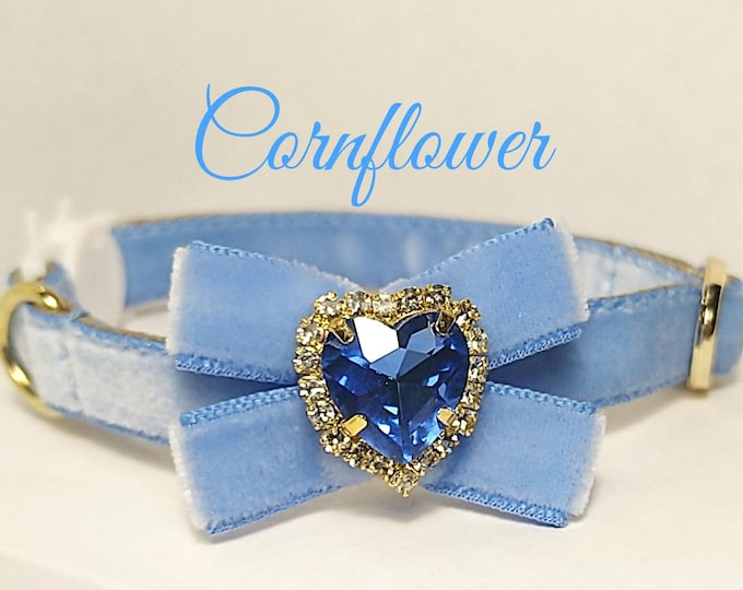 Cornflower- Cat collar/Crystal heart cat collar/ID Tag Bow collar/Bow bell collar/royal Velvet dog collar/Non-Breakaway/Breakaway