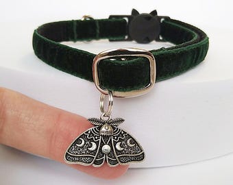 Moon moth- Cat collar/Gothic pet locket/Mystical silver talisman moth moon phase cat collar/Gothic cat collar/Breakaway or Non-Breakaway