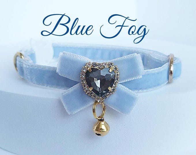 Cat collar- Blue fog velvet/ Bow design collar/Crystal cat collar/Bow bell collar/Velvet collar/dog  collar/Non-Breakaway/Breakaway
