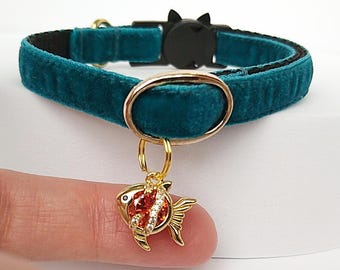 Ruby fish - cat collar Azure velvet/Cat collar pendant/Cat collar with sharm/Chihuahua collar/Velvet Mini dog collar/Non-Breakaway/Breakaway