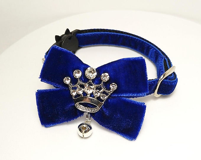 Crown- Royal cat collar/Queen cat collar/Victorian blue collar/Bow with crown for pet/Breakaway/Non-Breakaway buckle