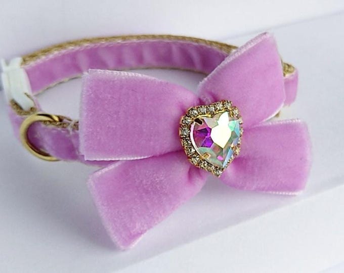 Cat collar- Bright Lavender- Bow bell/iD tag collar/Kitten collar/Chihuahua collar/Velvet cat collar/Mini dog collar/Non-Breakaway/Breakaway