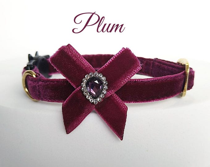 Plum Velvet Cat Collar: Crystal Teardrop Bow, Bell, Breakaway/Non-Breakaway Buckle