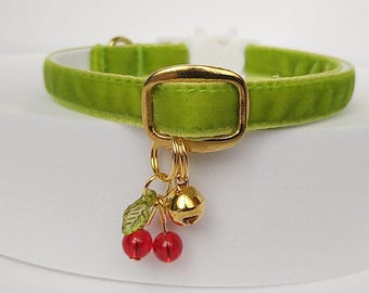 Cherry- Cat collar/velvet light green cat collar with sharm/Puppy and Kitten collar/Chihuahua collar/Mini dog collar/Non-Breakaway/Breakaway