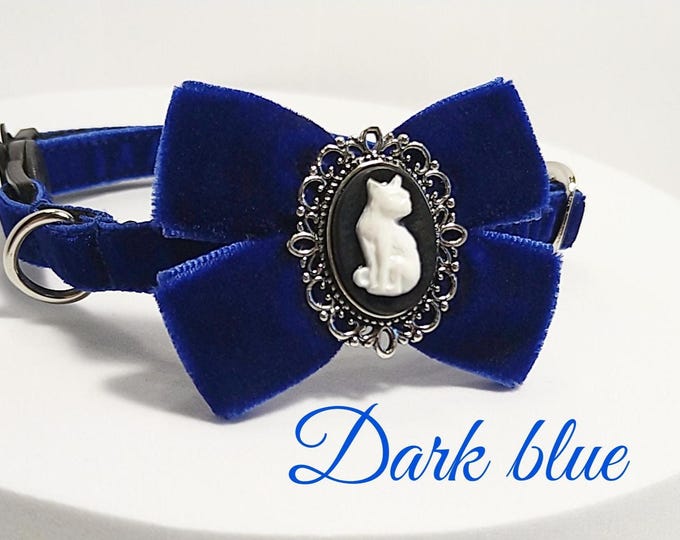 Victorian cat collar/Bow Brooch-Cameo for cat/Dark Blue Gothic cat collar/Queen's cat collar/Breakaway/Non-Breakaway buckle