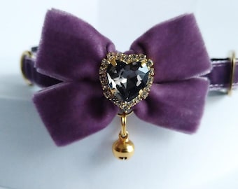 Heather Velvet Cat Collar: Crystal heart, Bow and bell, Breakaway or Non-Breakaway Buckle