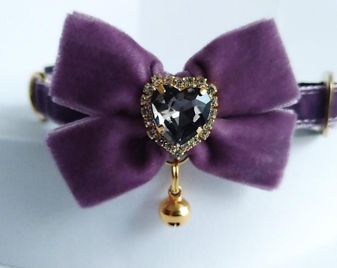 Heather Velvet Cat Collar: Crystal heart, Bow and bell, Breakaway or Non-Breakaway Buckle