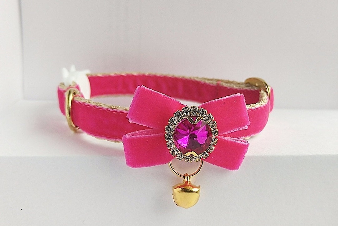 Cat Collar Bow Ruby Pink/bell Mini Bow/crystal Collar/bow Collar