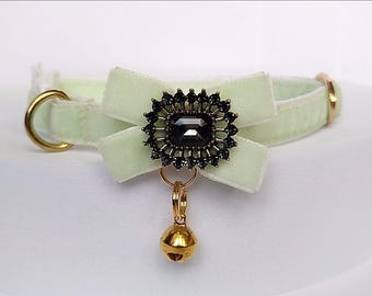 Pale Green Velvet Cat Collar with Bow & Bell (Breakaway or Non-Breakaway)