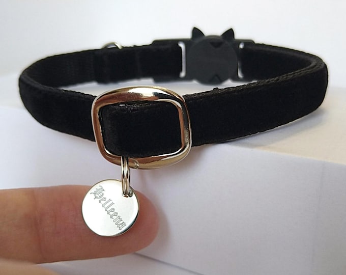 Mini Id Tag- Cat collar/black velvet collar with double-sided tag/Personalized Id tag- choose a font/Engraved Cat ID Tag with Cat collar.