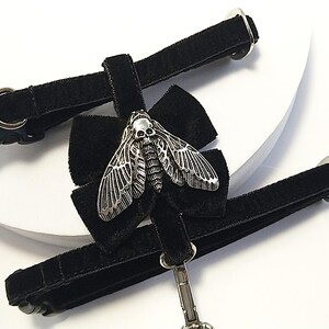 May include: Black velvet choker with a silver-toned moth pendant featuring a skull design. The choker has a bow detail and adjustable straps with metal hardware. A gothic-inspired accessory.