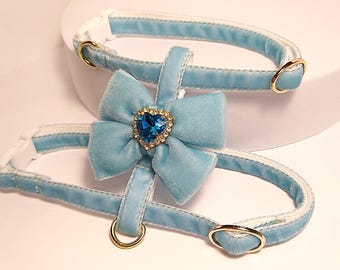 Sky blue cat harness with bow/Small dog harness with crystal/Velvet cat harness/Harness with a leash/Ammunition cat/Walk with a cat or dog.