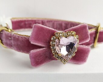 Tea Rose Velvet Cat Collar: Plush Bow, Rhinestone Heart - Breakaway/Non-Breakaway