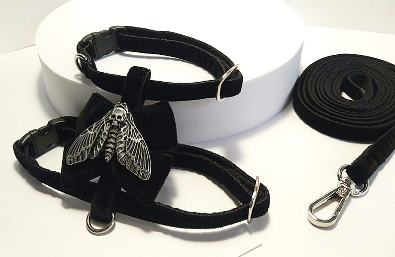 May include: Black velvet pet collar and harness set with a silver moth pendant. The set includes a matching leash with a silver clasp. The collar and harness have silver metal hardware.