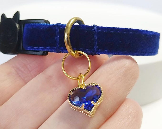 Cat Collar & Blue crystal Heart: pet locket ,Charm, Breakaway/Non-Breakaway Buckle.
