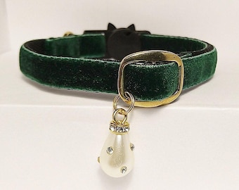Dark emerald cat collar & pearl/Royal cat collar/Velvet cat collar/crystal Kitten collar/dog green collar/Non-Breakaway/Breakaway