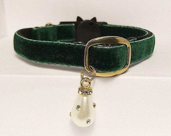 Dark emerald cat collar & pearl/Royal cat collar/Velvet cat collar/crystal Kitten collar/dog green collar/Non-Breakaway/Breakaway