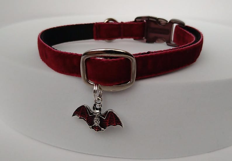 Puede incluir: Un collar para mascotas de terciopelo burdeos con interior negro. El collar presenta una hebilla plateada y un dije decorativo de murci&eacute;lago con detalles de esmalte rojo y negro. Un accesorio elegante para mascotas.