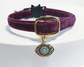 Evil Eye- Pet locket/Medallion with plum velvet cat collar/Magic Keychains for Cat/velvet Mini dog collar/Non-Breakaway/Breakaway