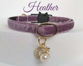 Heather Cat collar with Moon/Pet collar with pearl/Velvet collar with pearl charm/Puppy Kitten collar/Royal collar/Non-Breakaway/Breakaway