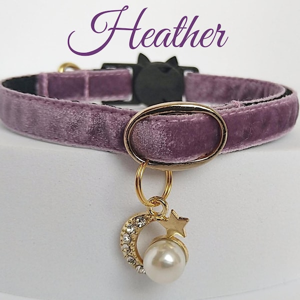 Velvet Cat Collar: Pearl Charm, Adjustable, Breakaway Buckle