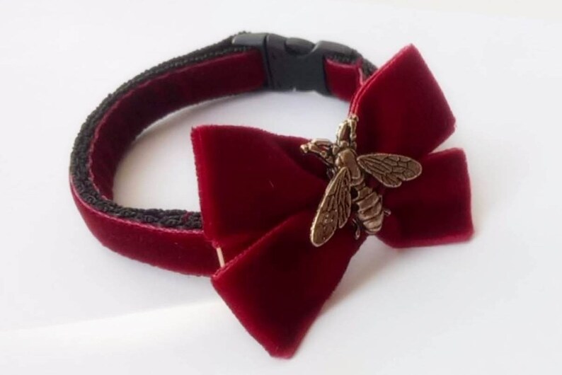 May include: A burgundy velvet pet collar with a black adjustable buckle and a burgundy velvet bow with a gold bee charm.