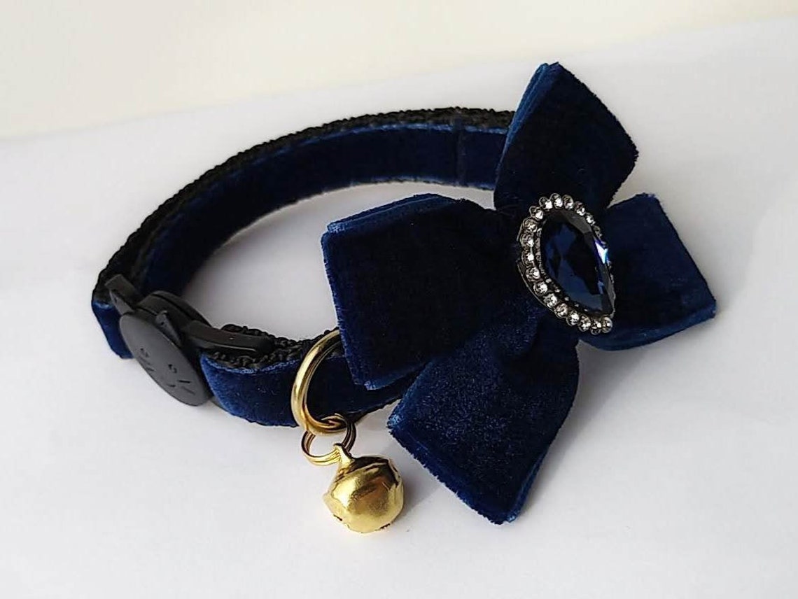 Blue velvet Cat collar.Сat collar with bell.Kitten collar.Cat Etsy