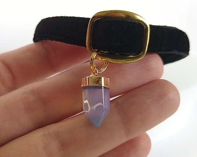 Moonstone Stone & Cat Collar: Velvet,  Charm, Breakaway Buckle