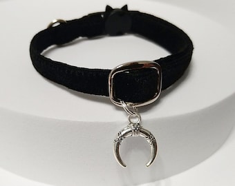 Black Velvet Cat Collar: Crescent Moon pet locket, Breakaway/Non-Breakaway Buckle