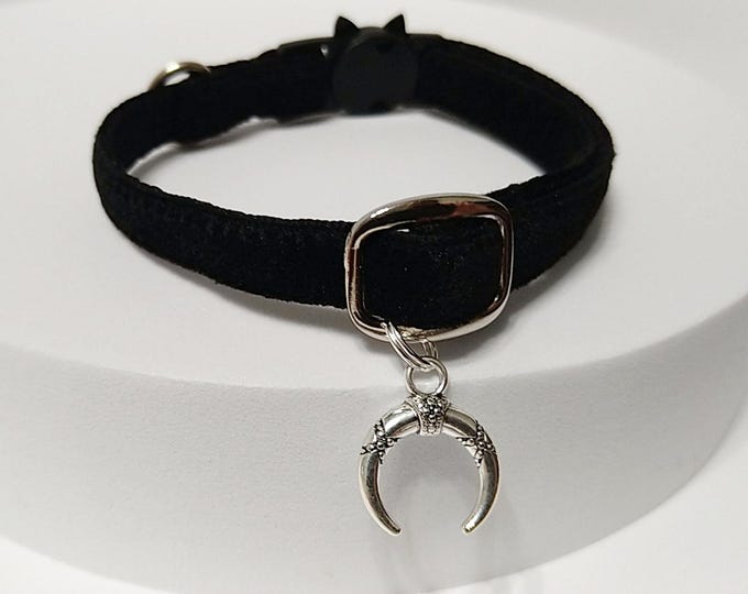 Black Velvet Cat Collar: Crescent Moon pet locket, Breakaway/Non-Breakaway Buckle