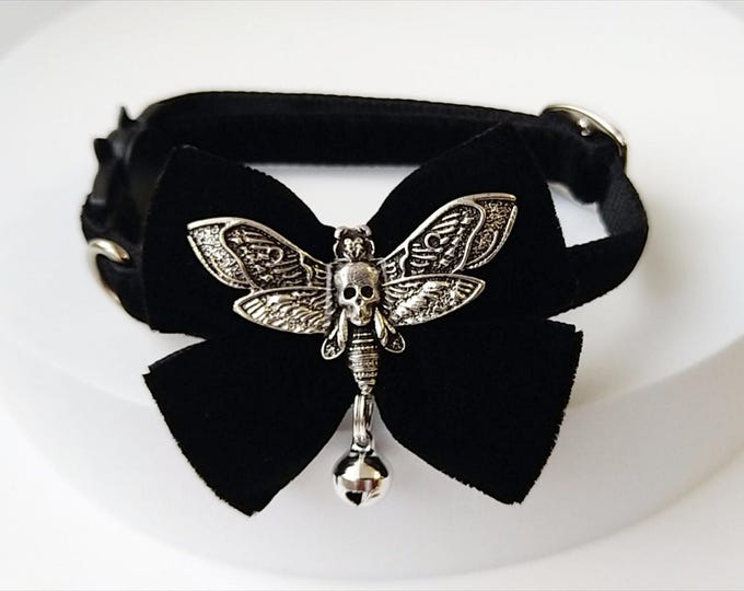 Gothic Moth Cat Collar: Black Velvet Bow Tie, Breakaway Buckle
