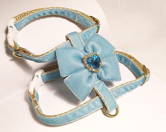 Sky blue cat harness with bow/Small dog harness with crystal/Velvet cat harness/Harness with a leash/Ammunition cat/Walk with a cat or dog.
