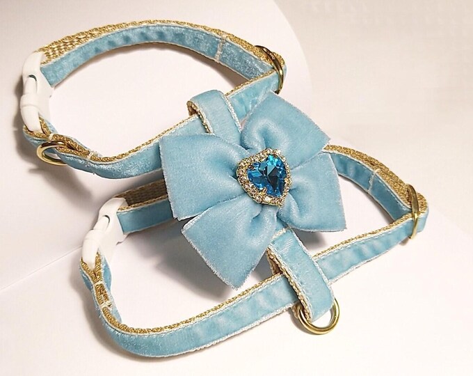Sky blue cat harness with bow/Small dog harness with crystal/Velvet cat harness/Harness with a leash/Ammunition cat/Walk with a cat or dog.