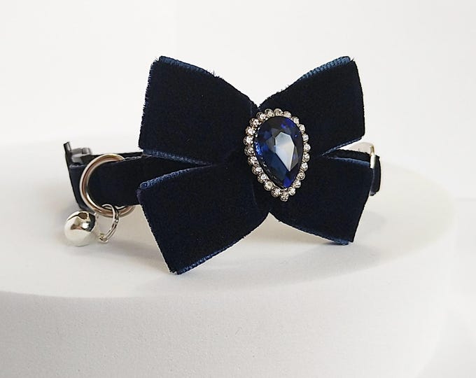 Navy Velvet Cat Collar: Crystal Drop Bow, Silver Fittings