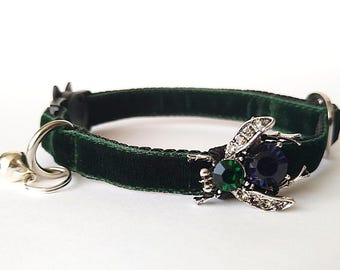 Dark green collar with fly/Royal emerald cat collar/Dog collar/Cat collar id tag/Velvet cat collar/Cat collar/Kitten collar/Breakaway