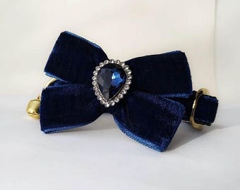 Dark blue cat collar/Сat collar with bell/Bow navy crystal collar/Queen Cat collar/Puppy collar/Dog bow tie collar/Breakaway/Non-Breakaway