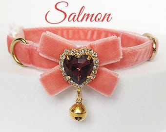 Salmon Velvet Cat Collar: Jewel Heart Bow, Bell, Breakaway or Non-Breakaway
