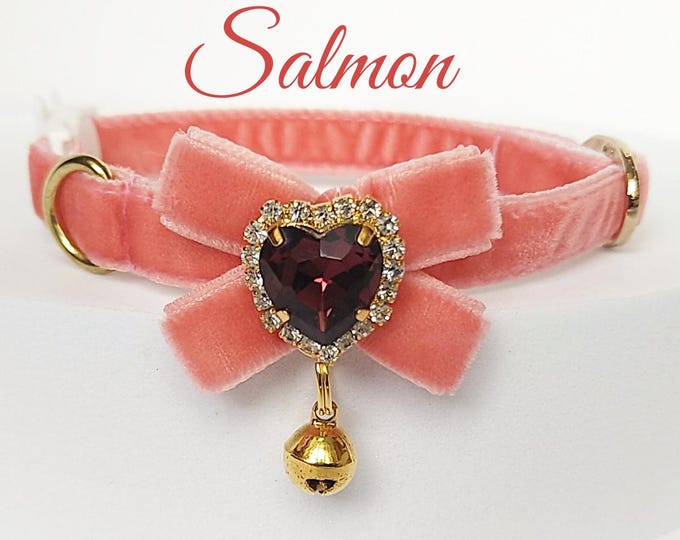 Salmon- cat collar with jewel heart on plush bow/ID Tag Bow design collar/Bow bell collar/royal Velvet dog collar/Non-Breakaway/Breakaway