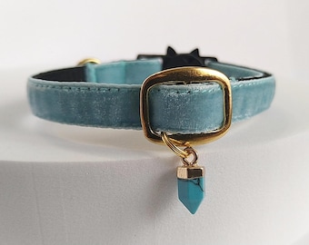 Cat Collar- Turquoise : Velvet, Natural Stone Charm, Breakaway Buckle