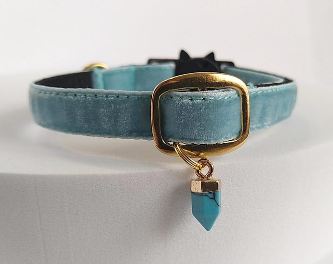 Cat Collar- Turquoise : Velvet, Natural Stone Charm, Breakaway Buckle