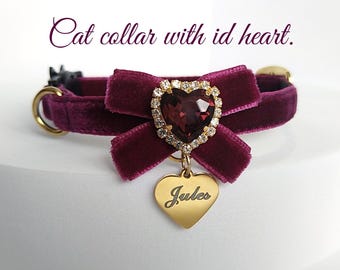 Velvet Cat Collar with Bow Tie & Engraved ID Tag - Personalized Pet Collar