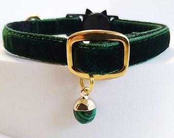 Malachite & Cat Collar: Natural green mineral - cat charm, mystical pet locket, dog Collar, Breakaway, Non-Breakaway buckle.