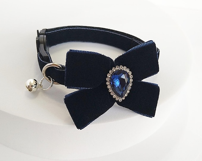 Dark Blue Velvet Cat Collar: Bow Tie, Crystal Detail, Breakaway Option