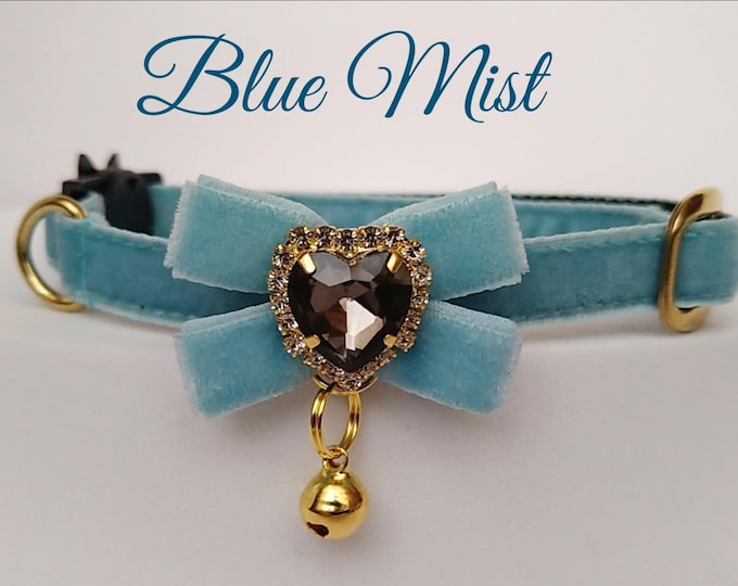 Blue Mist-Cat Collar: Crystal Heart velvet Bow, Bell, Breakaway/Non-Breakaway